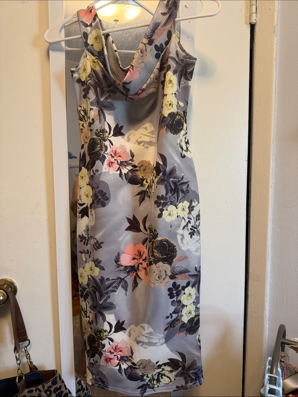 Boohoo Gray Floral Cowl Neck Midi Dress with Pink & Yellow Blooms